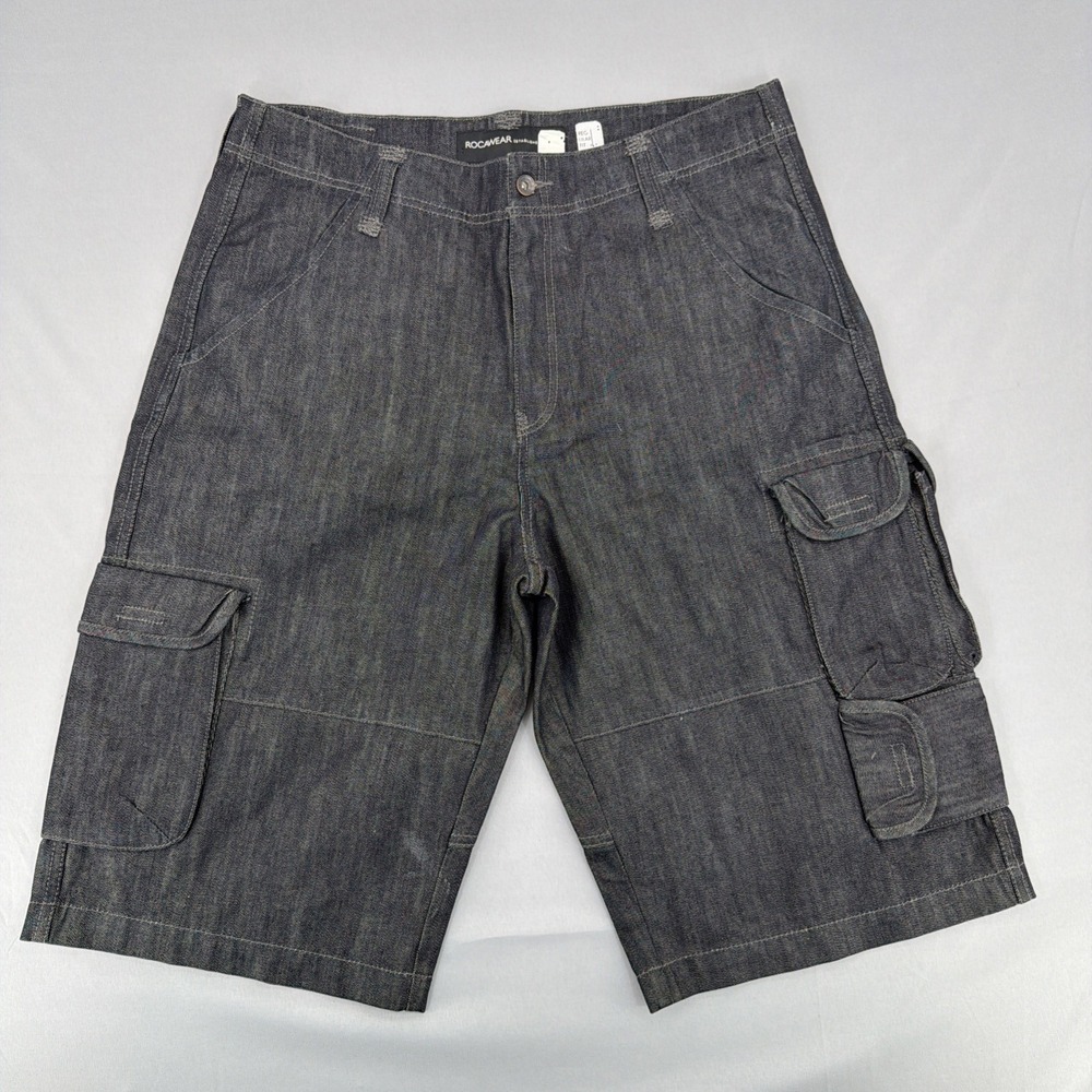 Rocawear Denim Cargo Shorts Mens 38W Black Jean Baggy Y2K Hip Hop Skater